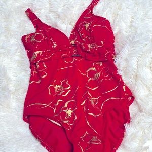 Baltex Red & Gold One Piece Bathing Swim Suit Size 12